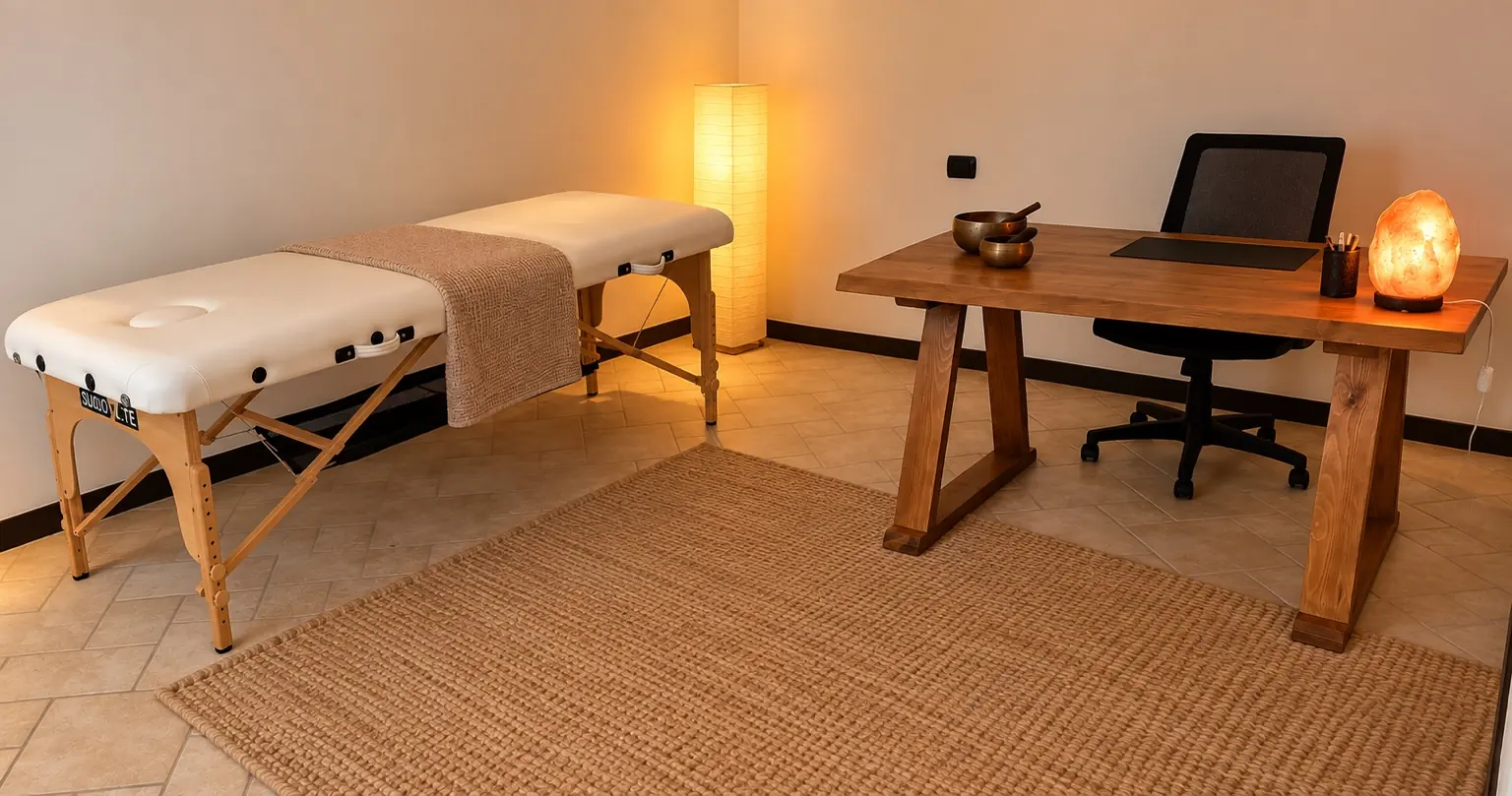 Studio di pranoterapia e massaggi a Vigevano con lettino, scrivania e lampada di sale